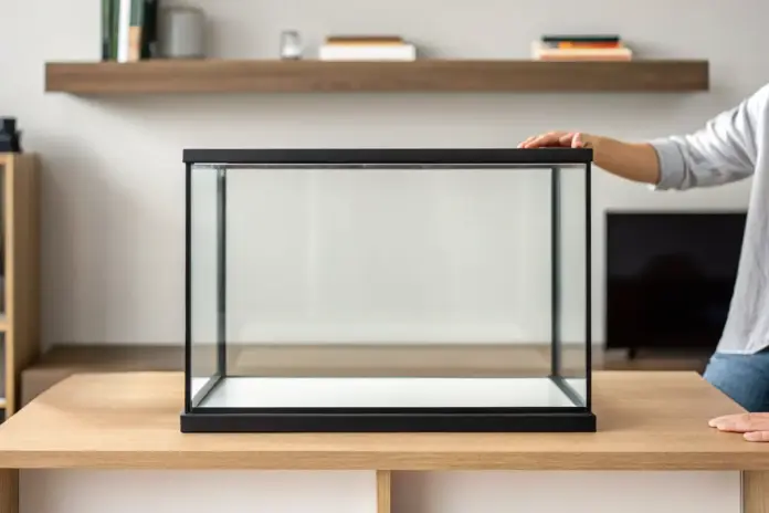 Leeres Aquarium auf dem Tisch im Wohnzimmer.