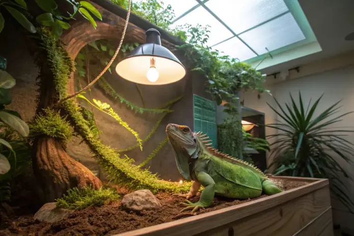 Grüner Leguan in einem artgerechten, großen Terrarium mit Pflanzen und UVB-Beleuchtung.