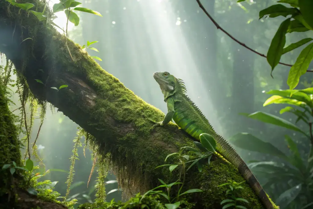 Grüner Leguan in seiner natürlichen Umgebung im tropischen Regenwald, auf einem Ast sitzend.