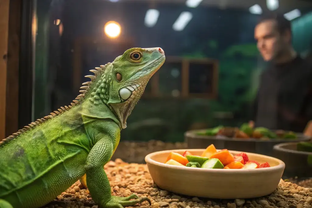 Grüner Leguan in Eingewöhnungsphase, entspannt im Terrarium mit Futter.