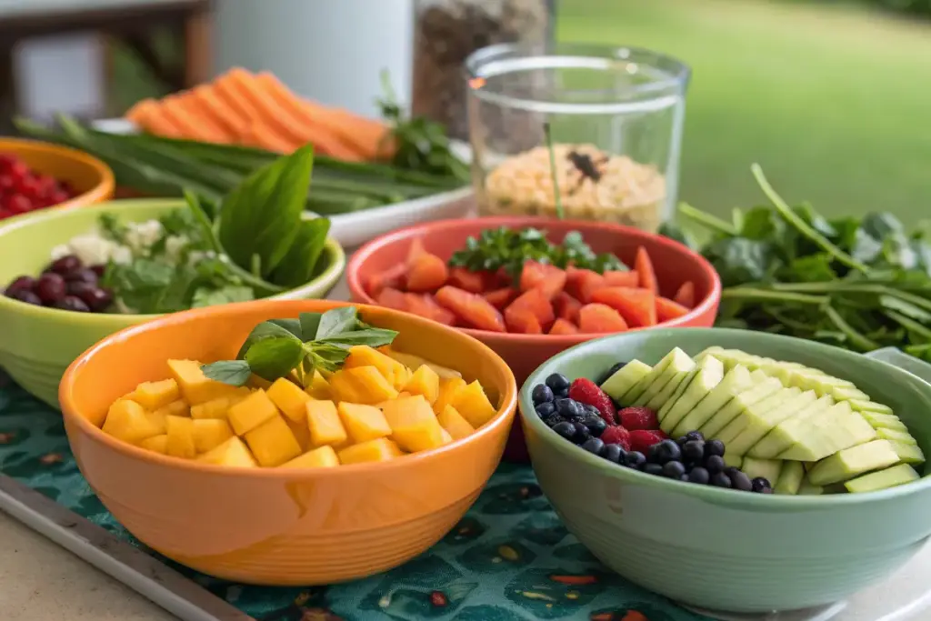 Vielfältiges Futter für Leguane: Obst, Gemüse, Kräuter und Insekten in farbenfrohen Schalen.