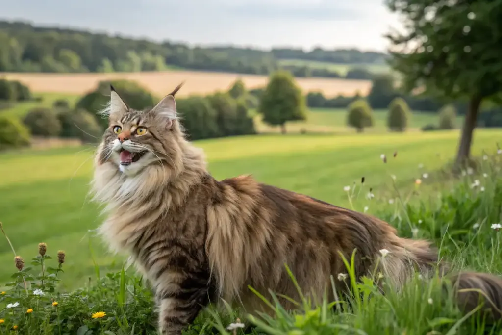 Verspielte Maine Coon Katze in der Natur – ideal für aktive Familien.