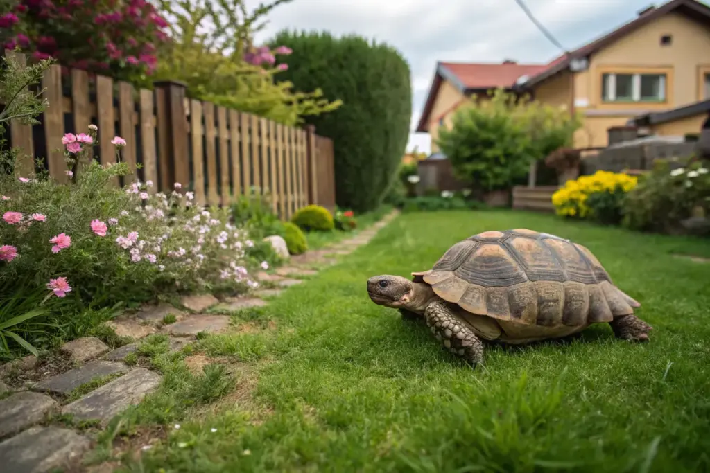 Maurische Landschildkröte läuft auf einer Wiese im Garten hinter dem Haus.