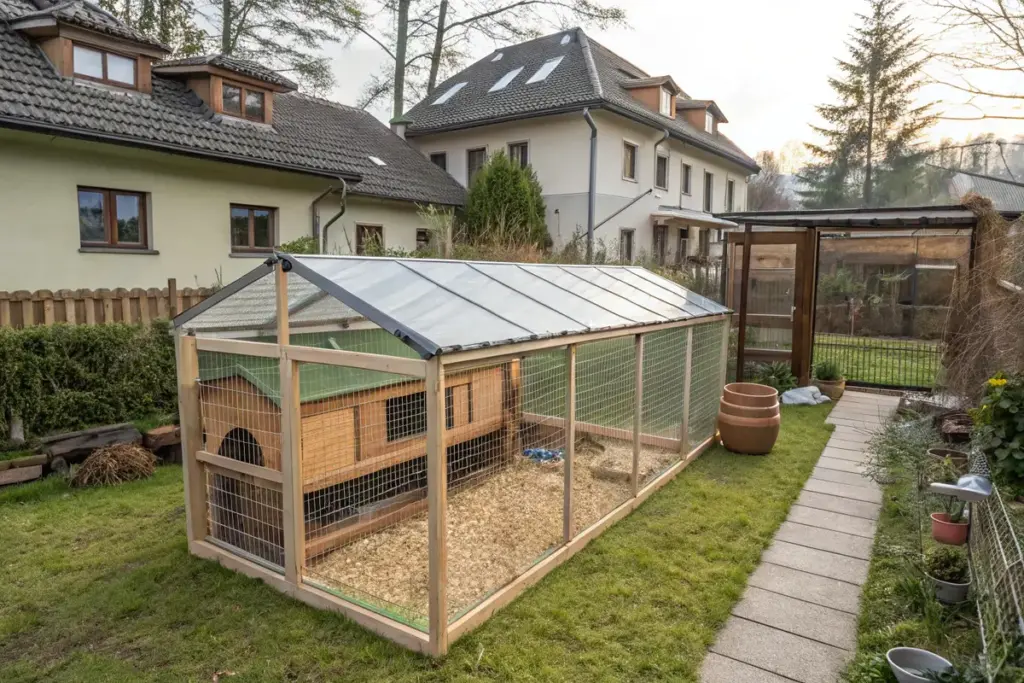 Überdachtes Outdoor-Meerschweinchengehege in einem kleinen Garten hinter dem Haus.