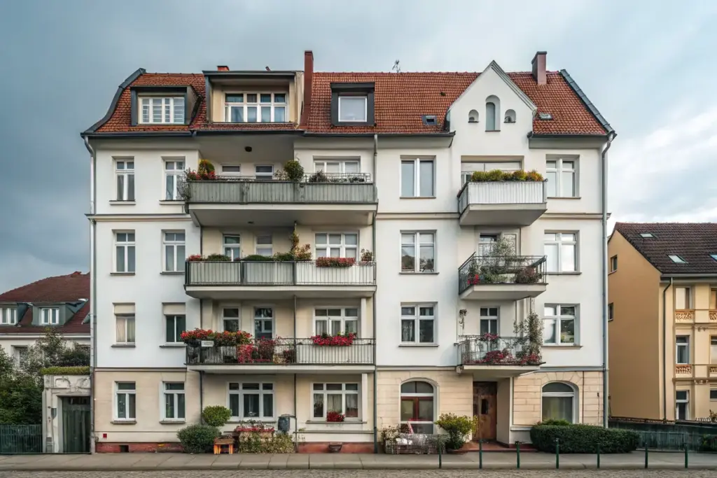 Typisches deutsches Mehrfamilienhaus mit mehreren Stockwerken und kleinen Balkonen, dekoriert mit Pflanzen und Möbeln.