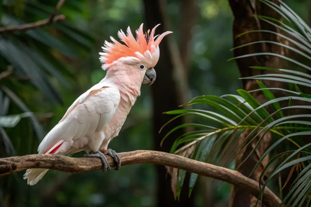 Molukkenkakadu mit rosa Haube in einer tropischen Umgebung.