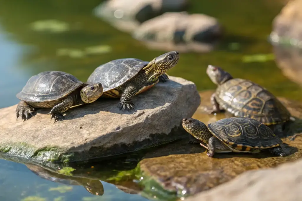 Mehrere Moschusschildkröten (Sternotherus odoratus) sonnen sich auf einem Stein im Teich.