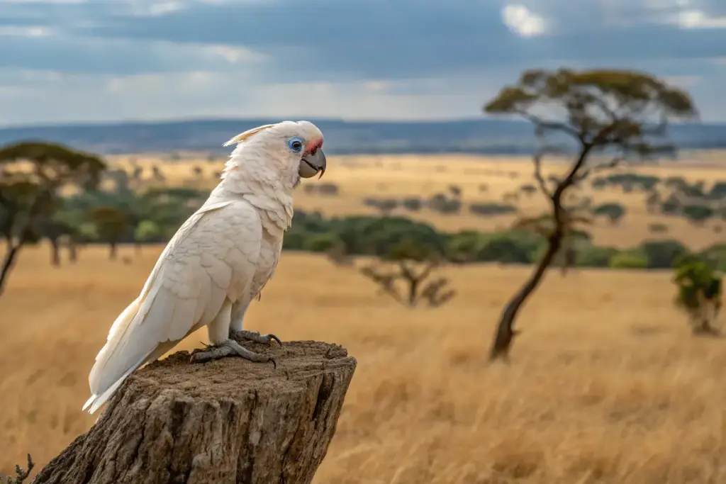 Nacktaugenkakadu in einer Savannenlandschaft auf einem Baumstumpf.