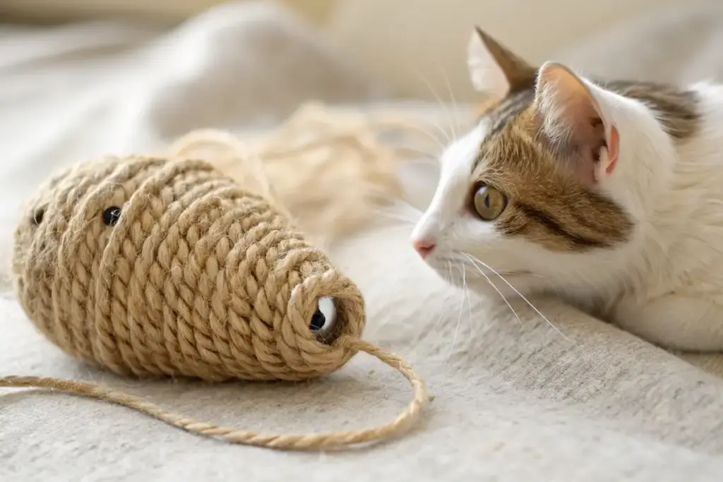 Katzenspielzeug aus Sisal in Form einer Maus auf neutralem Hintergrund.