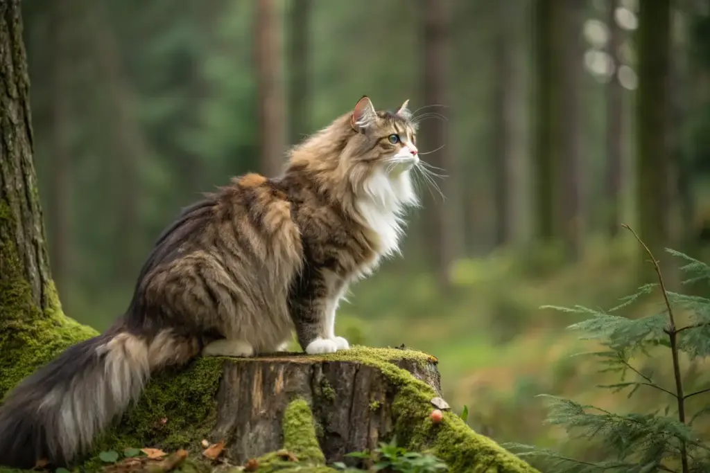 Norwegische Waldkatze im Wald – ideal für Familien und aktive Haushalte.