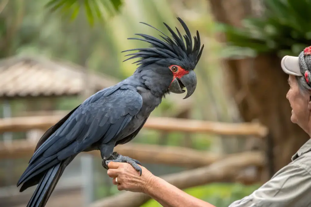 Palmkakadu mit schwarzem Gefieder sitzt auf einer menschlichen Hand vor tropischem Hintergrund.