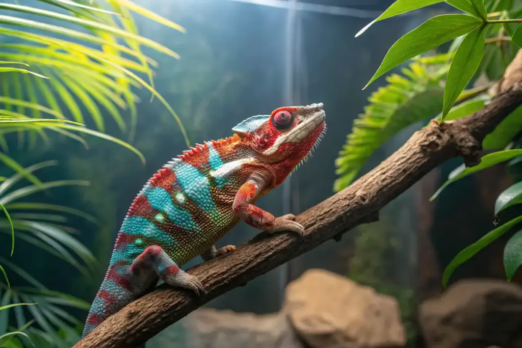Buntes Pantherchamäleon mit auffälligen roten, blauen und grünen Farben, das auf einem Ast in einem tropischen Terrarium sitzt.
