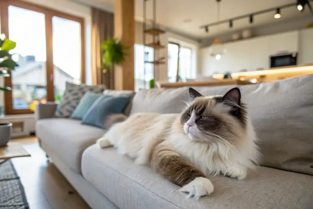 Entspannte Ragdoll Katze auf dem Sofa – perfekte Kuschelkatze für ruhige Haushalte.