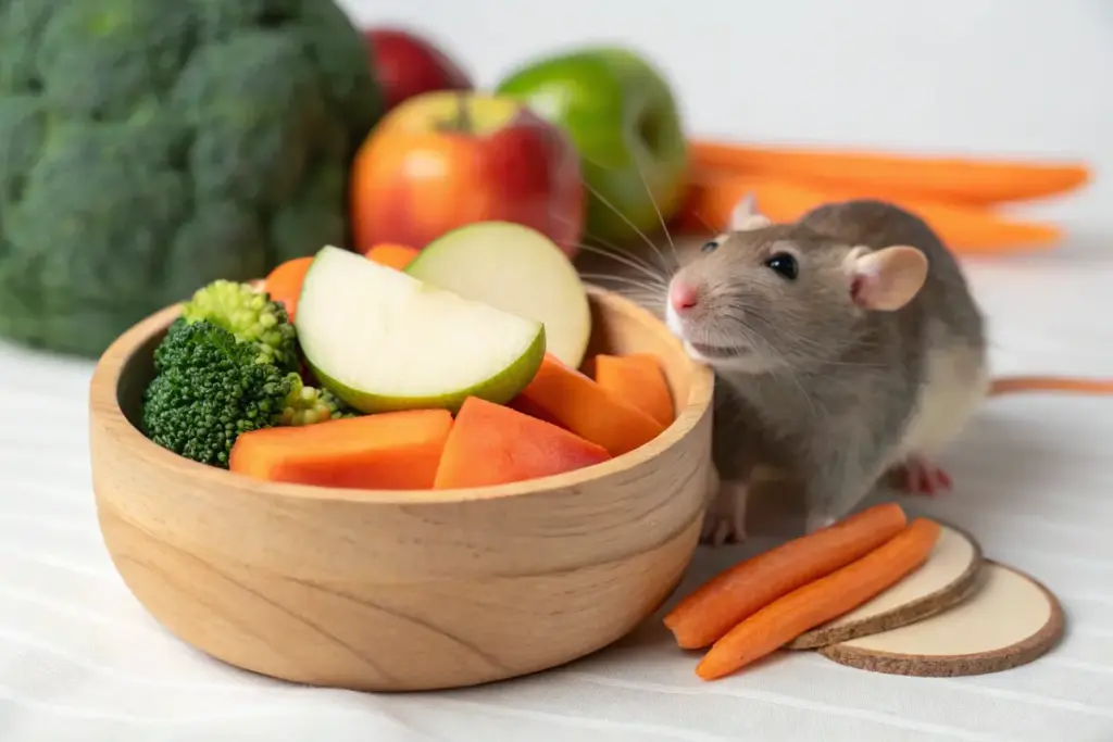 Gesunde Ratte genießt frische Früchte und Gemüse für eine ausgewogene Ernährung.
