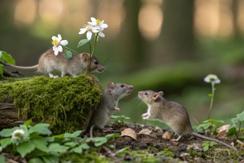 Neugierige Ratten in natürlicher Umgebung auf Waldboden, sozial interagierend und lebendig.