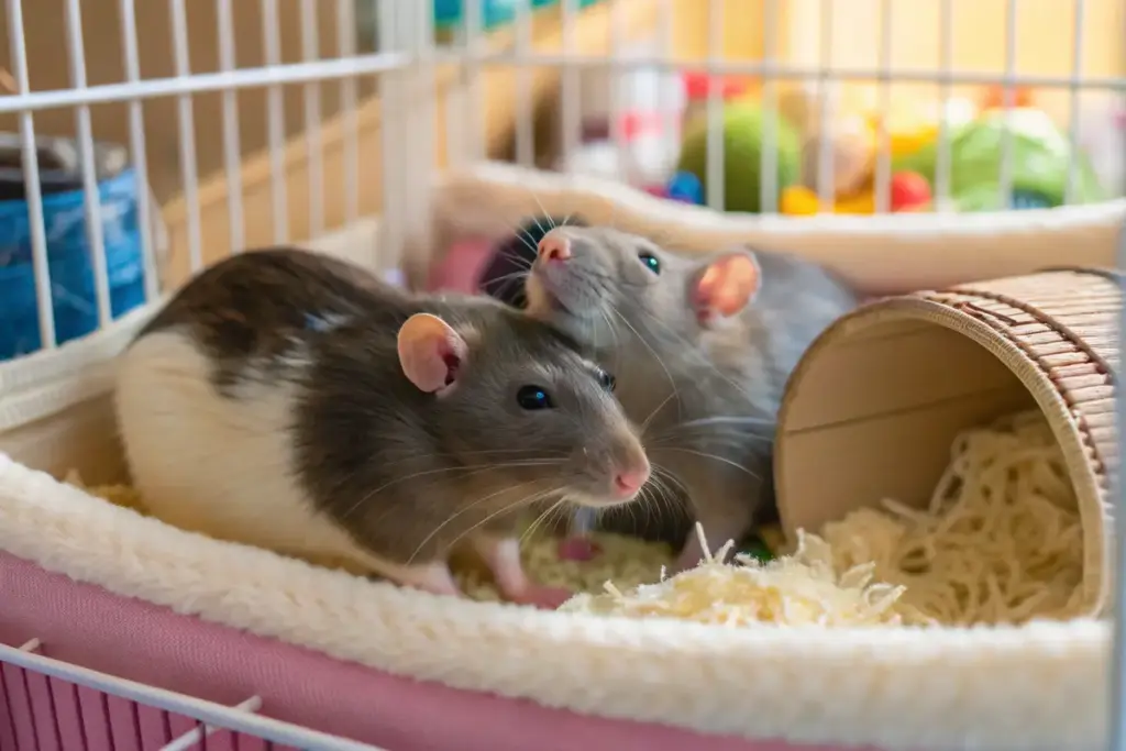 Zwei Ratten interagieren in einem gemütlichen Käfig, Betonung auf soziale Bindung.