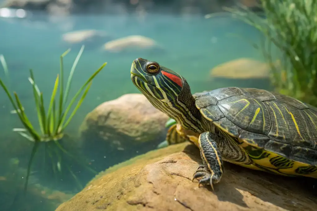 Rotwangen Schmuckschildkröte (Trachemys scripta elegans) entspannt in der Sonne, auf einem großen Stein am Teich.