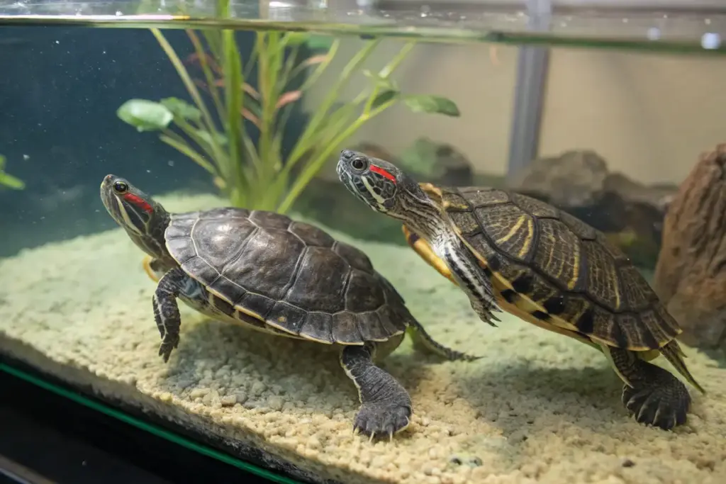 Zwei Rotwangen-Schmuckschildkröten (Trachemys scripta elegans) schwimmen unter Wasser in einem Aquarium.