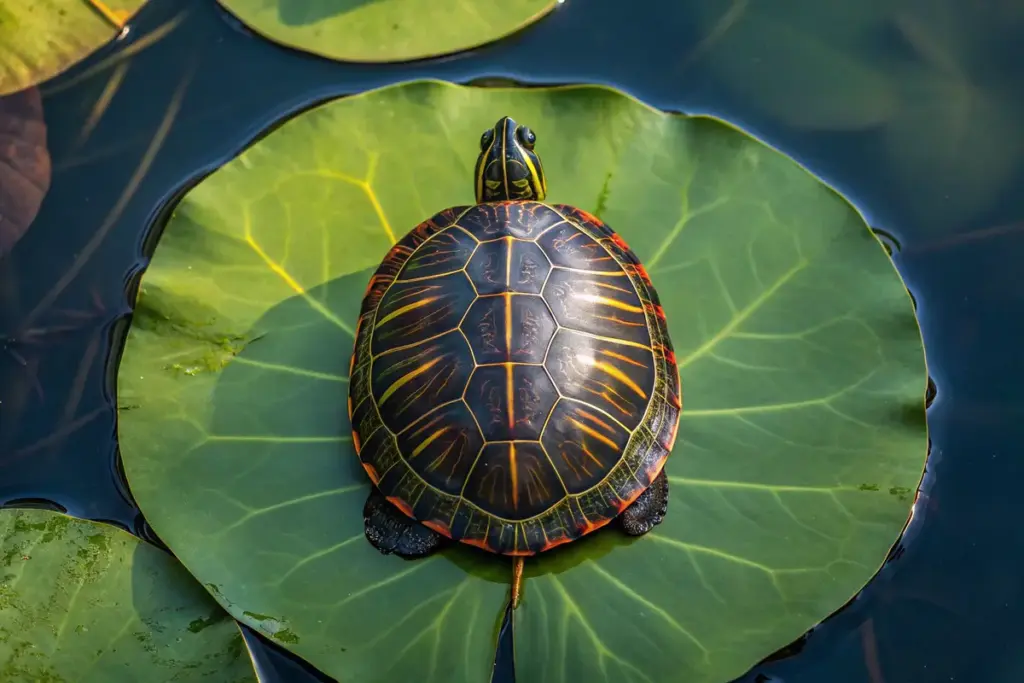 Rückenstreifen-Zierschildkröte (Chrysemys dorsalis) sonnt und entspannt sich auf einem großen Blatt im Teich.