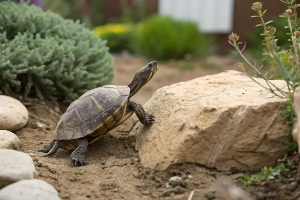 Schildkröte klettert über Felsen in einem artgerechten Gehege.