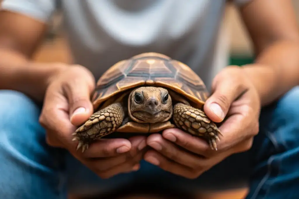 Schildkröte wird in den Händen gehalten, während die Pfote sanft für das Krallenschneiden vorbereitet wird.