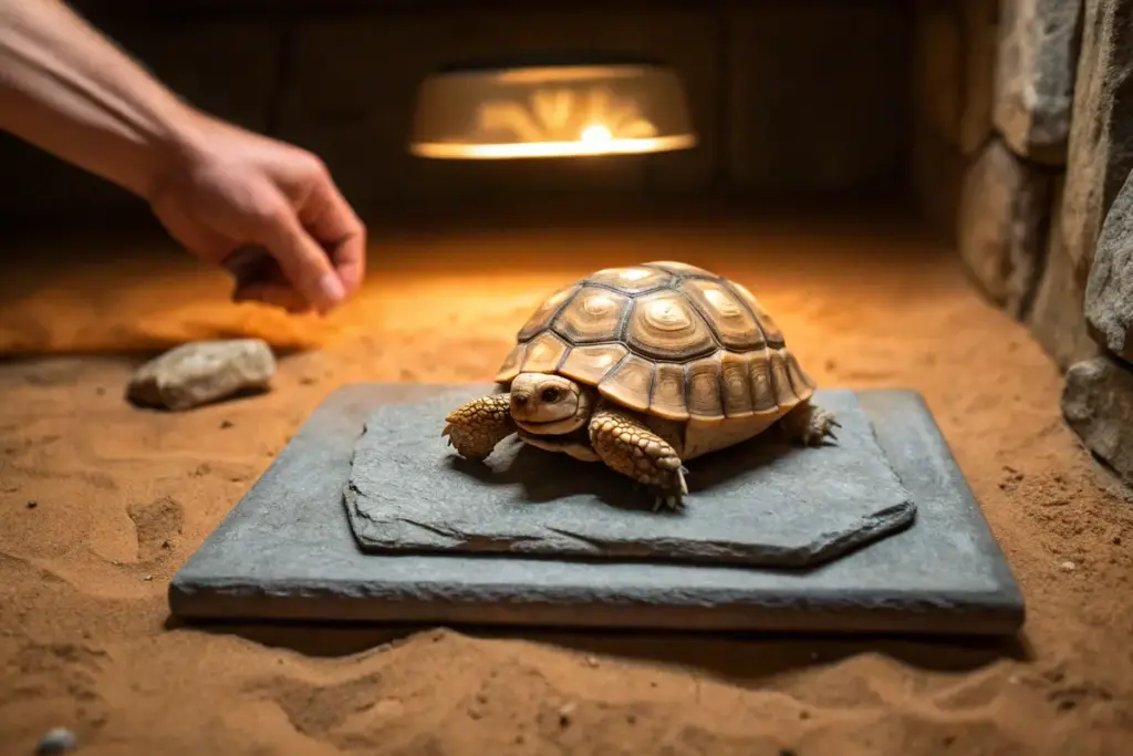 Schildkröte auf sandigem Boden mit Schiefertafel in einem geräumigen Terrarium zur natürlichen Krallenpflege.