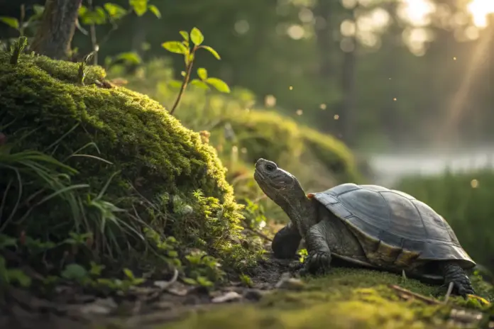 Schildkröte in natürlicher Umgebung, umgeben von Pflanzen und Sonnenlicht.