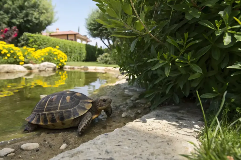 Kleine Landschildkröte ruht unter einem Strauch im Sommergarten mit Futterpflanzen und Wasserstelle.