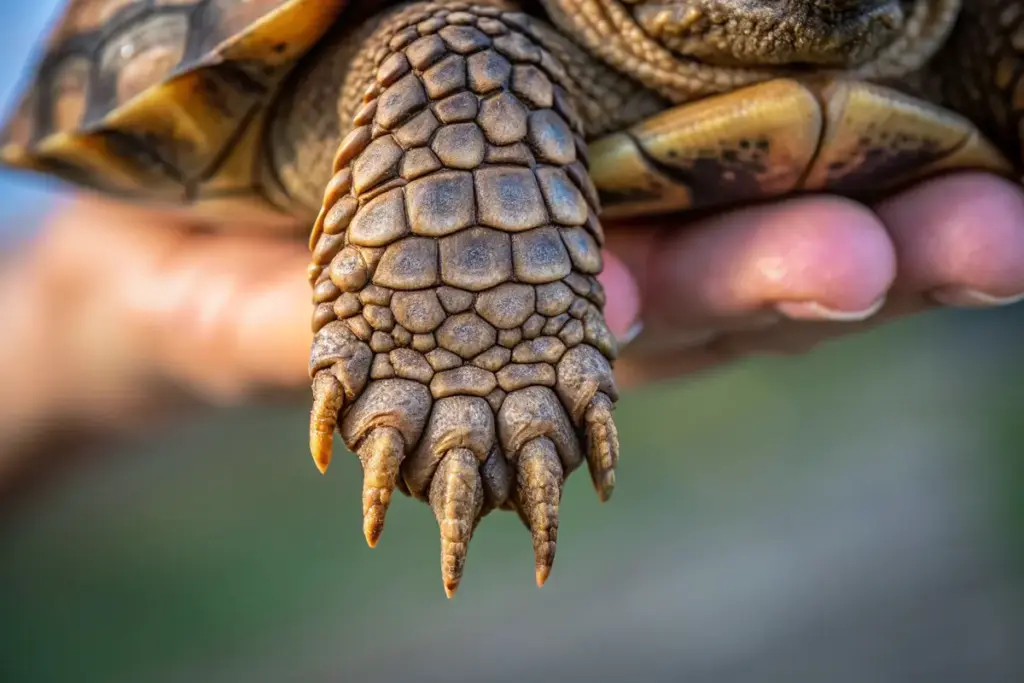 Nahaufnahme von Schildkröten-Krallen einer Schildkröte in einer Menschenhand gehalten.