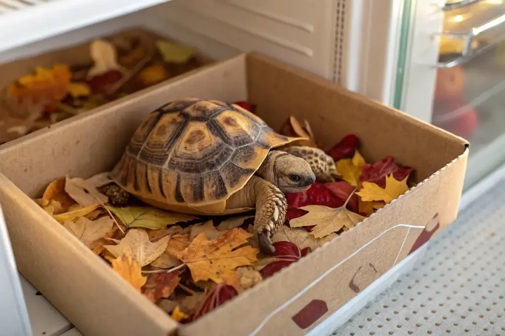 Schildkröte in einem Karton mit Herbstlaub, zur Überwinterung im Kühlschrank während der Winterstarre.