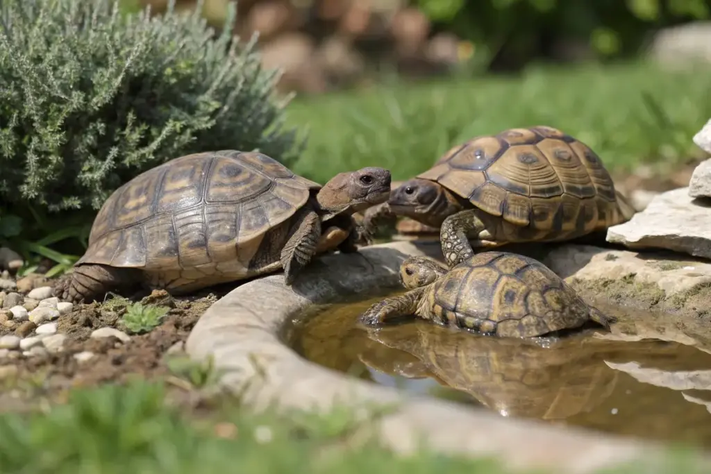 Nahaufnahme von Landschildkröten, die eng nebeneinander an einem flachen Teich liegen, Hintergrund verschwommen.