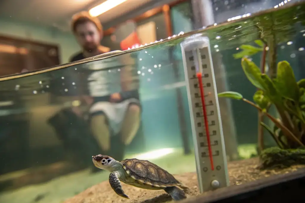 Schildkröte schwimmt im Aquarium und ein Thermometer misst die Wassertemperatur, während im Hintergrund eine Person sitzt.