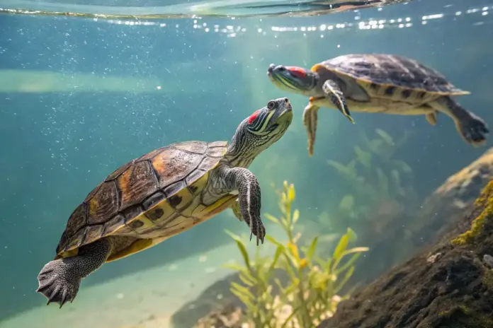 Zwei Rotwangen-Schmuckschildkröten (Trachemys scripta elegans) schwimmen gemeinsam unter Wasser in einem mittelgroßen Aquarium, das als Lebensraum für Haustiere dient.