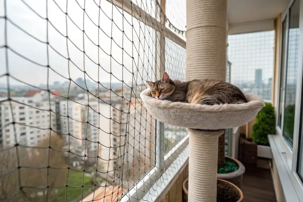 Schlafende Katze auf einem Outdoor-Kratzbaum auf dem katzensicheren Balkon.