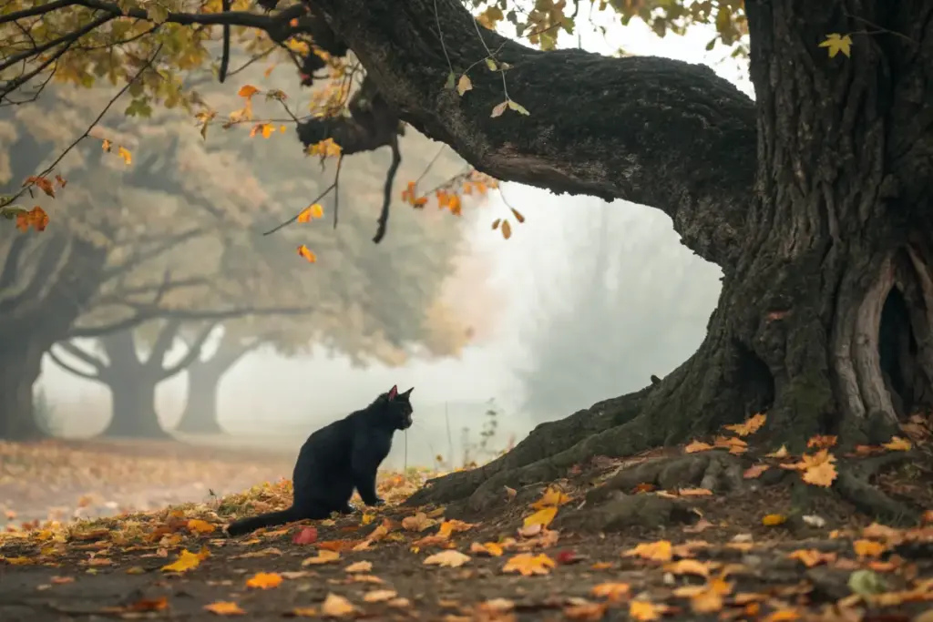 Schwarze Katze sitzt friedlich unter einem knorrigen Baum mit Herbstlaub.