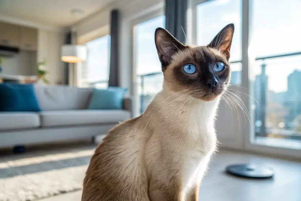 Gesprächige Siamkatze mit blauen Augen – perfekte Begleiterin für gesellige Menschen.