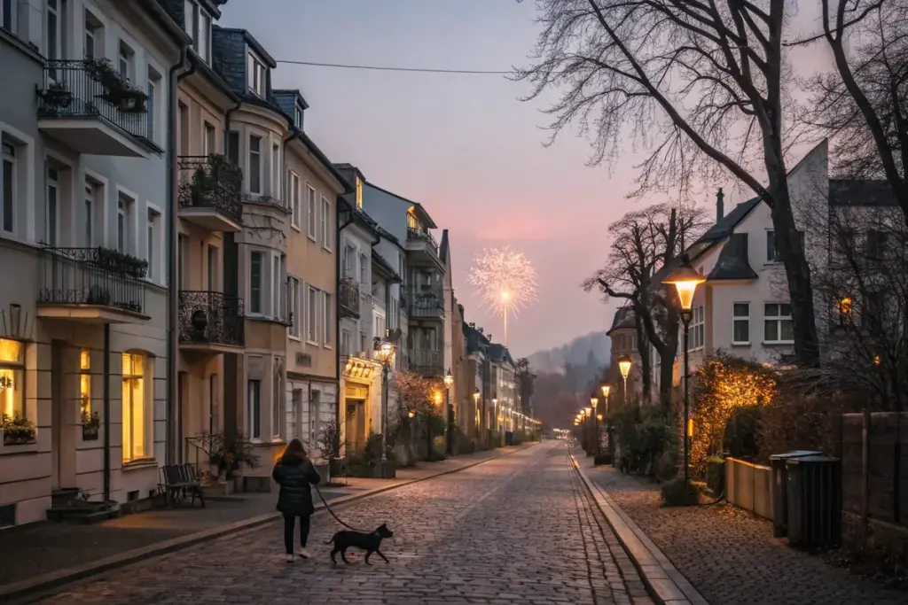 Spaziergang mit Hund an Silvester in deutscher Stadt mit Feuerwerk in der Ferne.