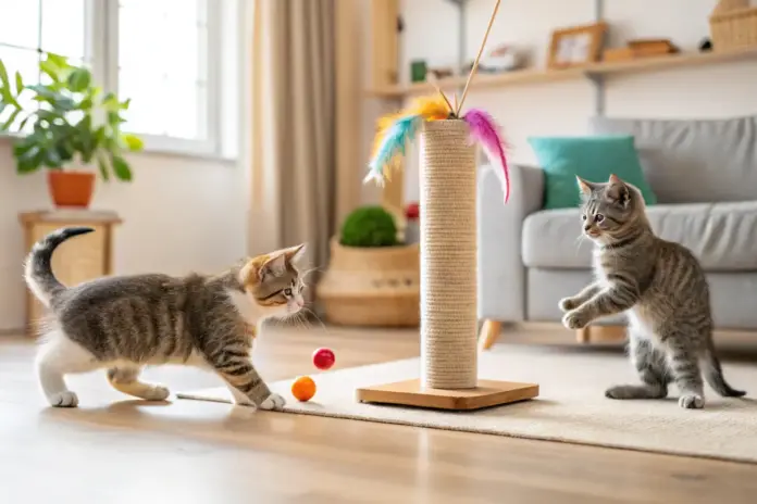 Zwei Katzen spielen mit einer Federangel und einer Kugelbahn in einem modernen Wohnzimmer.
