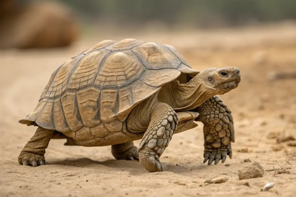 Spornschildkröte (Centrochelys sulcata) läuft auf Sand in der Halbwüste umher.