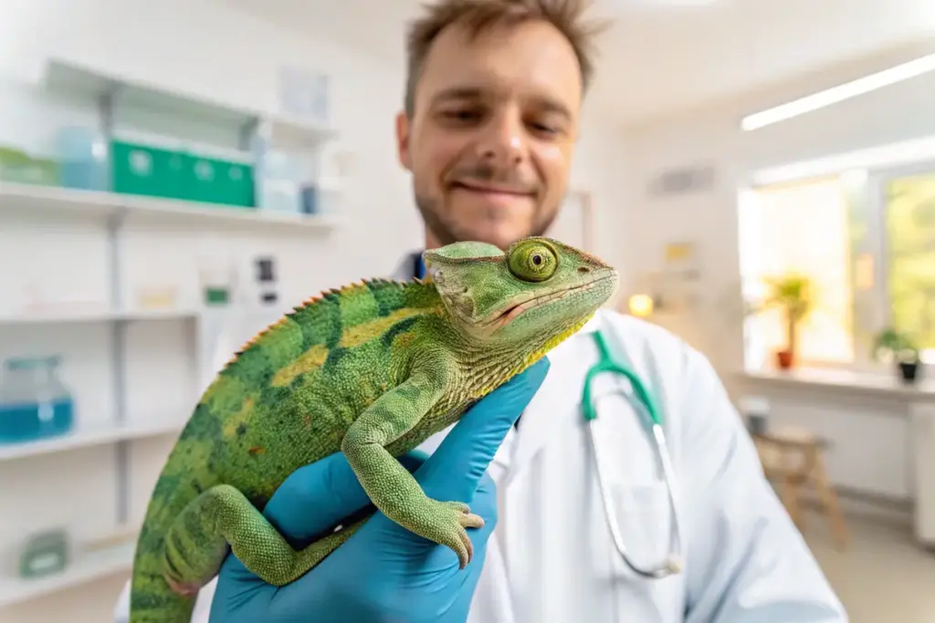 Tierarzt untersucht Chamäleon auf Gesundheit und Parasitenbefall während einer präventiven Kontrolle.