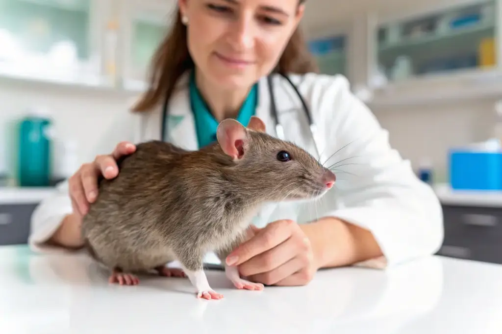 Tierarzt untersucht Ratte auf Gesundheit und Parasitenbefall während einer präventiven Kontrolle.