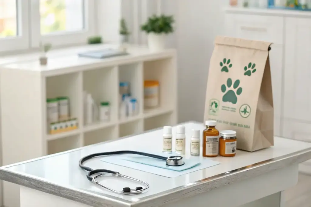 Tierarztkosten für Katzen: Stethoskop, Impfampullen und Wurmkurprodukte auf Untersuchungstisch.