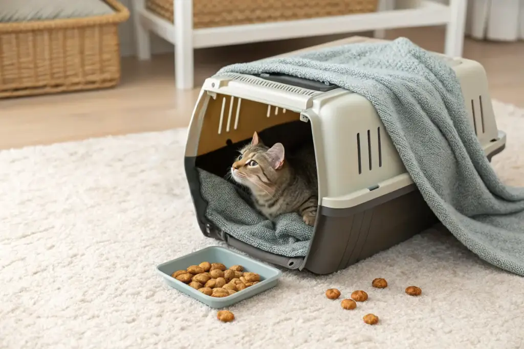 Transportbox mit Decke und Katzenleckerlis für stressfreie Eingewöhnung.