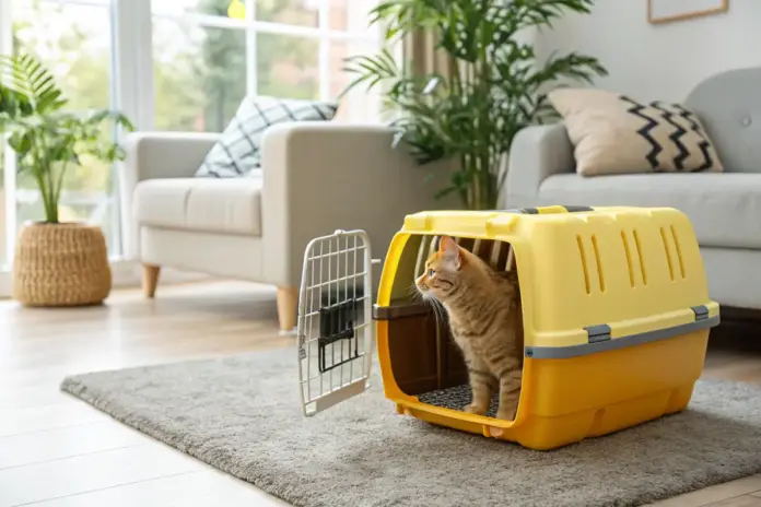 Gemütliche Transportbox für Katzen im Wohnzimmer, um Katzen an die Box zu gewöhnen.