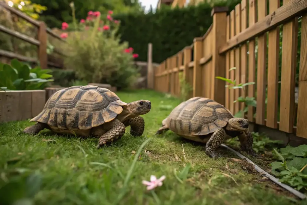 Zwei Tunesische Landschildkröten (Testudo graeca nabeulensis) im Freigehege im Garten.