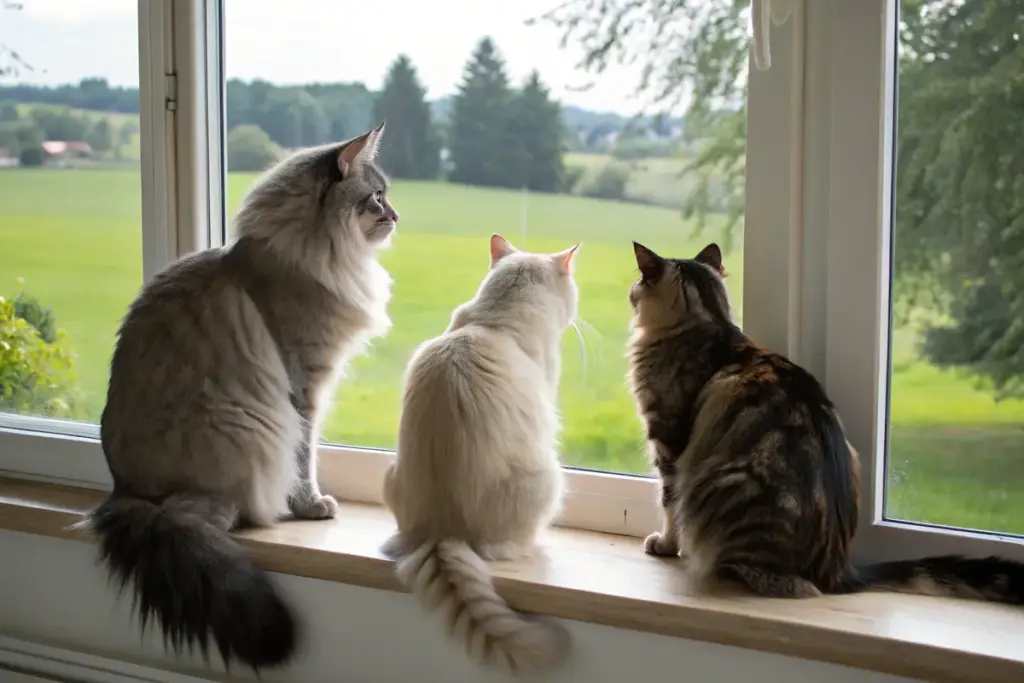 Drei Katzen – eine graue Norwegische Waldkatze, eine getigerte Europäische Kurzhaar und eine cremefarbene Heilige Birma – sitzen nebeneinander auf einer Fensterbank und blicken in eine ländliche Landschaft.