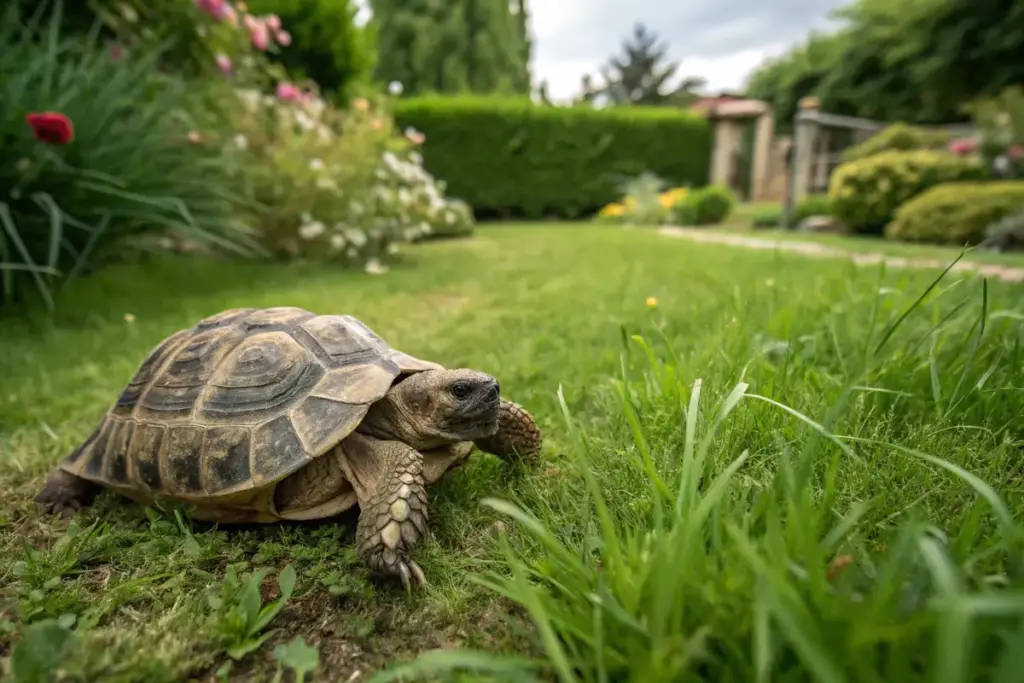 Vierzehenschildkröte (Testudo horsfieldii) im Freigehege im Garten auf der Wiese.