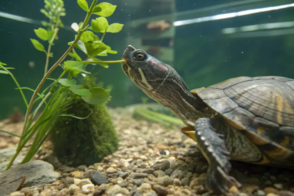 Wasserschildkröte frisst Wasserpflanze in einem gepflegten Aquarium.