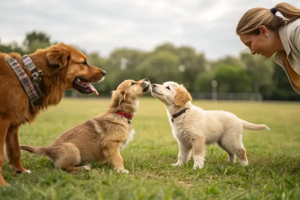 Welpe bei der Sozialisierung mit anderen Hunden und einem Menschen.