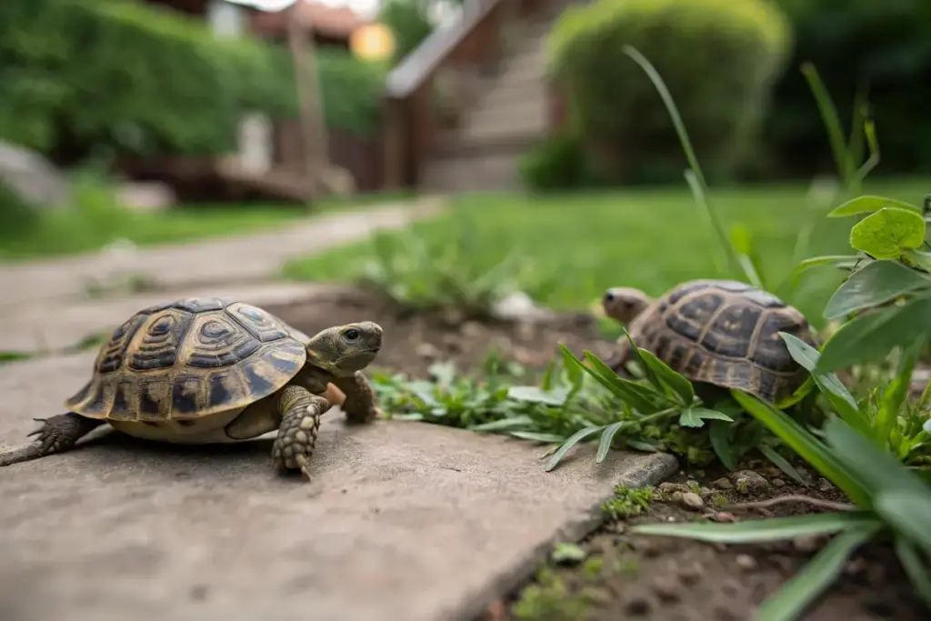 Zwei Landschildkröten laufen im Garten auf der Wiese umher.